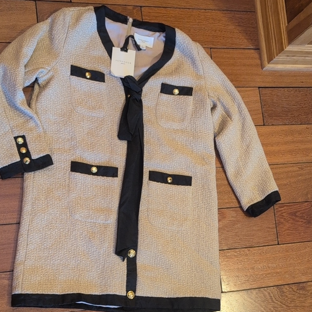 Vince Camuto Beige Tweed Coat with Black Trim and Gold Buttons